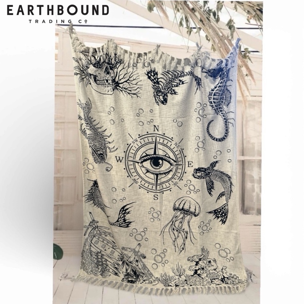 Earthbound Trading Co Nautical Themed Tapestry Throw Blanket with Compass